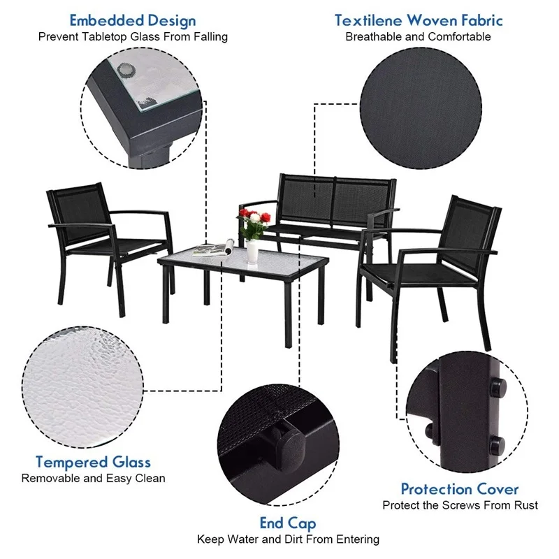 4 pcs Patio Steel Frame Coffee Table Furniture Set Sturdy Powder-coated Metal Frame Outdoor Furniture