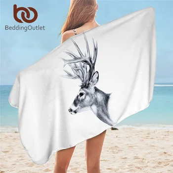 

BeddingOutlet Elk Nordic Beach Towel Moose Bathroom Blanket Forest Wild Animal Reindeer Beach Mat Sketch Art White serviette
