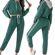 Спортивный костюм, спортивные костюмы, набор для женщин, длинный рукав, с капюшоном, в полоску, с принтом, Короткая Толстовка, длинные брюки, брюки, костюмы# D