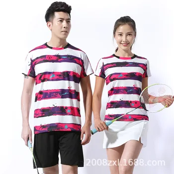 

Summer Couples Network Badminton Clothing Clothing Set Men and Women-Quick-Dry Stripe Short Sleeve Short Skirts Running Sports C