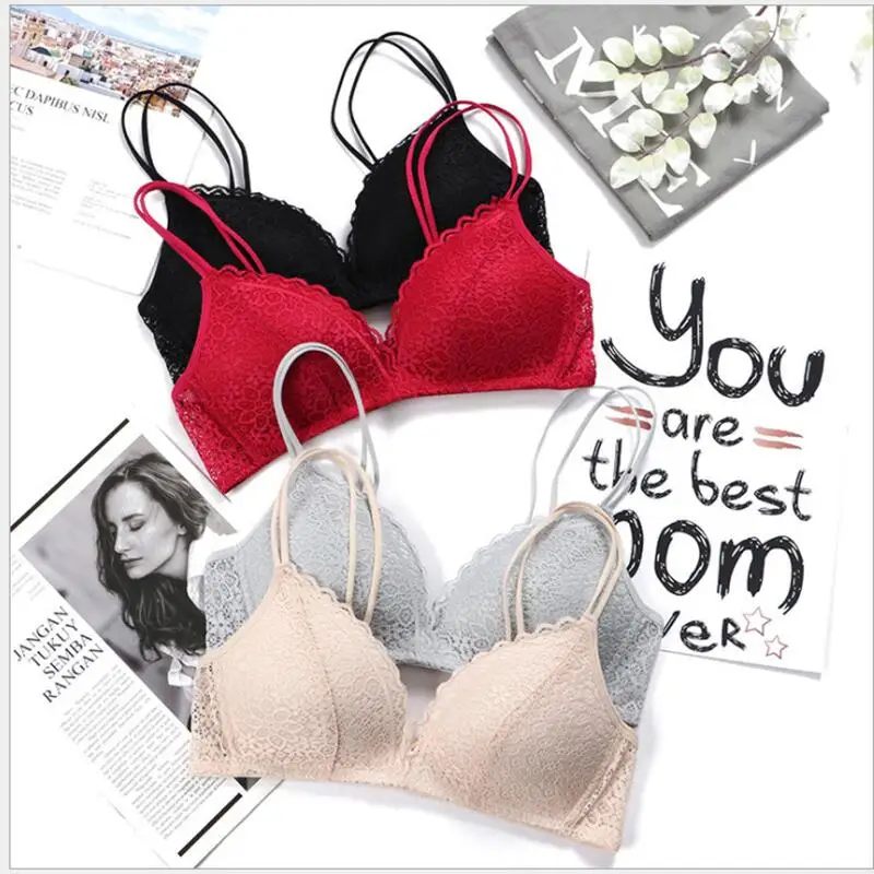 Sexy Lace Bra Women Underwear Ultra-thin Without Steel Ring Gather Bralette Non removable shoulder strap Back Closure Brassiere 1