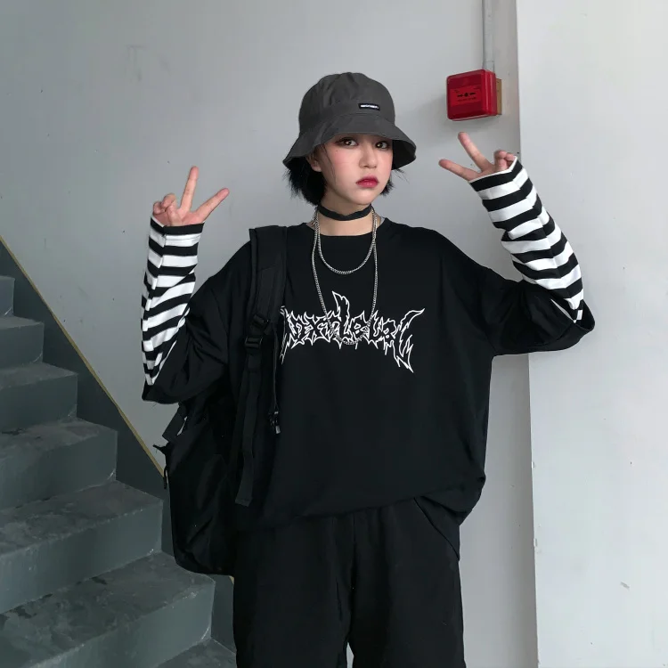 Woherb Harajuku Лоскутная полосатая футболка Женская Мужская Унисекс поддельная 2 шт. футболка с буквенным принтом Футболки с длинным рукавом Уличная одежда