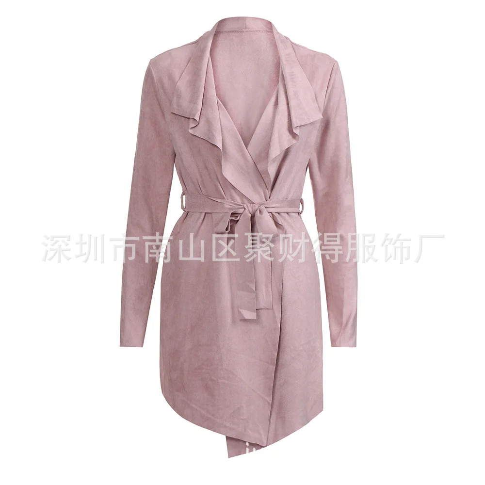 AliExpress, осенне-зимний стиль, отложной воротник, Повседневный, на шнуровке, средней длины, искусственная кожа, Флокированный Тренч