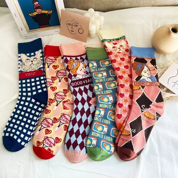 

Lolita all cotton Japanese socks Plaid socks creative cat woman socks