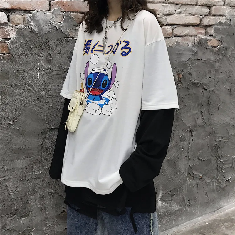 Для женщин Harajuku Винтаж футболка с длинным рукавом для девочек; корейский в стиле "петчворк" с надписями и принтом с О-образным вырезом, с эластичной резинкой на весну и зиму Топ Femme