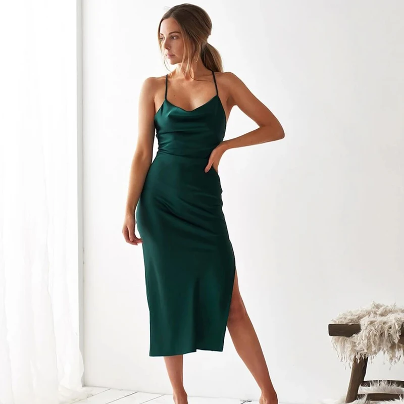 2020 spring and summer womens satin summer dress cross fold stretch sexy tights club dress robe vest brandy clothing vintage