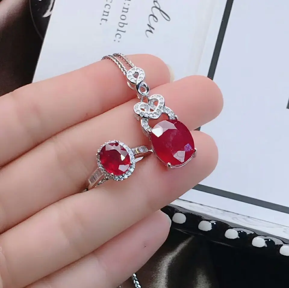 

MeiBaPJ Natural Ruby Gemstone Flower Sets 925 Pure Silver Ring Pendant Necklace 2 Suits Fine Wedding Jewelry Sets for Women