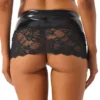 Women Sexy See-through Lace Patent Leather Skirt Low Rise Elastic Waist Miniskirt for nightclub Rave Party Pole Dance Nightwear 2