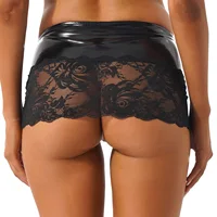 Women Sexy See-through Lace Patent Leather Skirt Low Rise Elastic Waist Miniskirt for nightclub Rave Party Pole Dance Nightwear 2