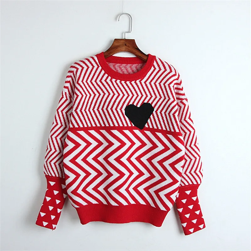 Осень-зима, женские рождественские свитера с геометрическим рисунком сердца, топы с длинным рукавом, милые пуловеры, вязанный свободный свитер, топы