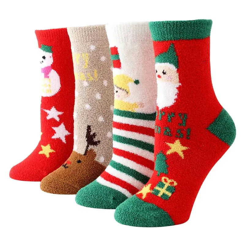 4 пары женских рождественских пушистых носков, толстые плюшевые теплые тапочки, чулочно-носочные изделия, подарок