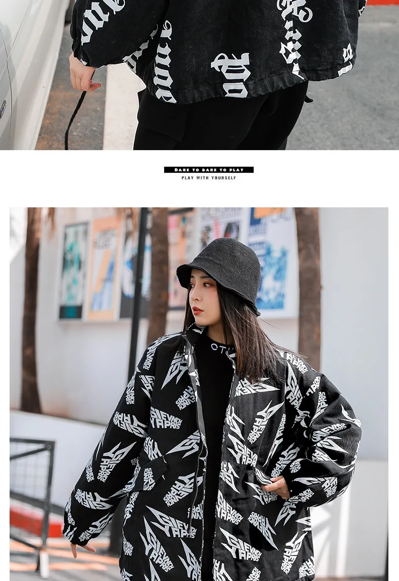 Vefadisa Letter Print Denim Coat Woman Winter Thick Denim Coat Black Zippers Stand Collar Loose Coat Hip-hop QYF1380