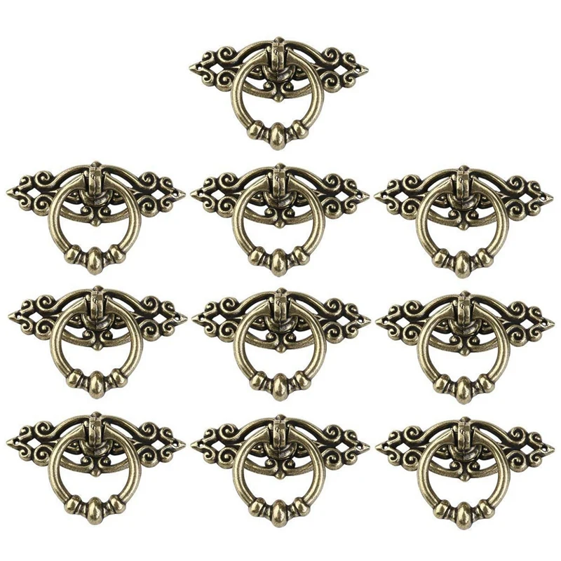 

10Pcs Vintage Kitchen Cabinet Cupboard Dresser Door Drawer Ring Pull Handles Knobs (Antique Brass)