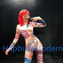 Сексуальный костюм телесного цвета с принтом красных губ, обтягивающее боди, сексуальные леггинсы, костюм, цельная Одежда для танцев, выступлений, сценический большой эластичный комбинезон