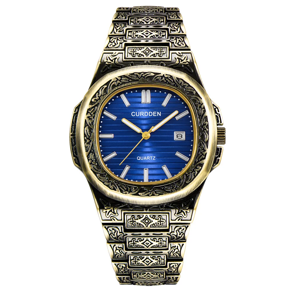 

Hip Hop Watch Men Square Sculpture Blue Watch Top Brand Luxury Diamond Gold Quartz Wristwatches Vintage Ice-out Waterproof Clock