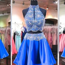 womens graduation dresses High Neck Glitter Beaded Crystals Sleeveless Elegant Two Piece Short Custom Made Homecoming Party