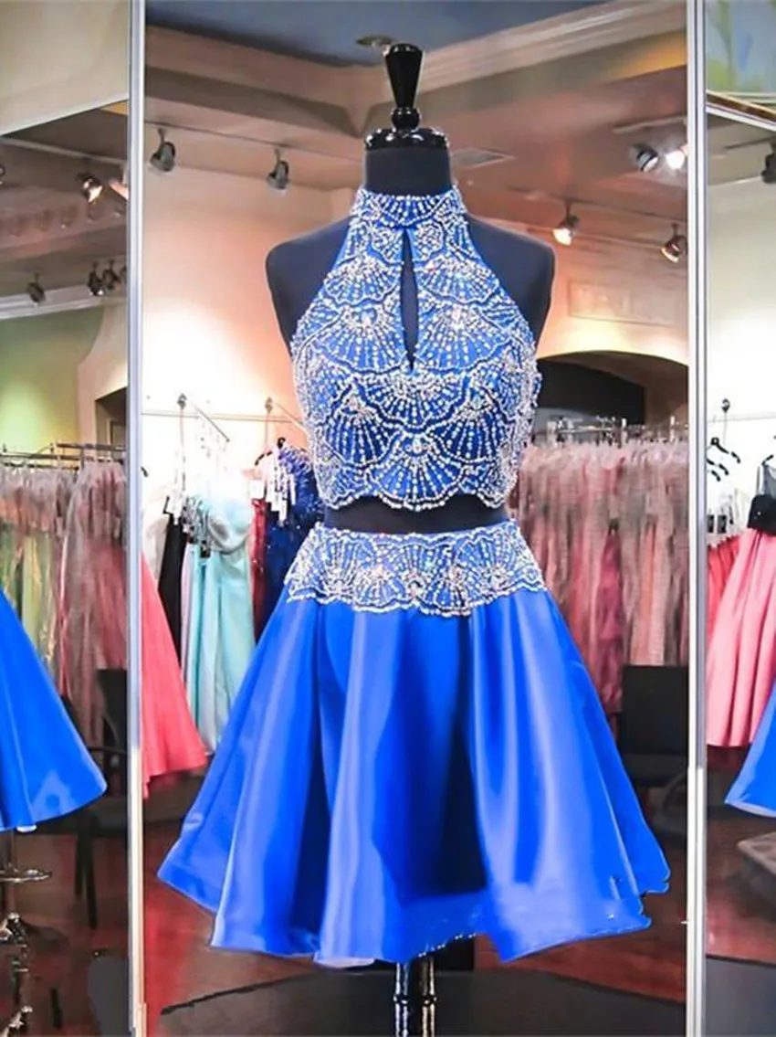 womens graduation dresses High Neck Glitter Beaded Crystals Sleeveless Elegant Two Piece Short Custom Made Homecoming Party | Свадьбы и