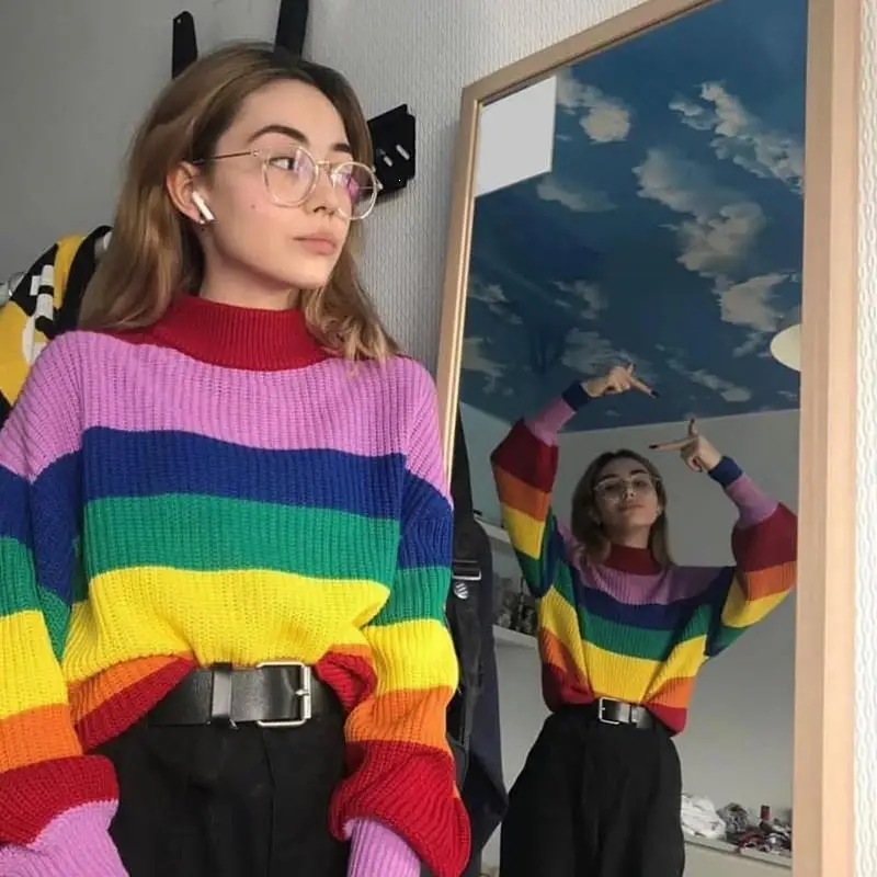 

Autumn Casual Loose Stripe Sweater Turtleneck Rainbow Pullovers Long Sleeve Knitted Sweater