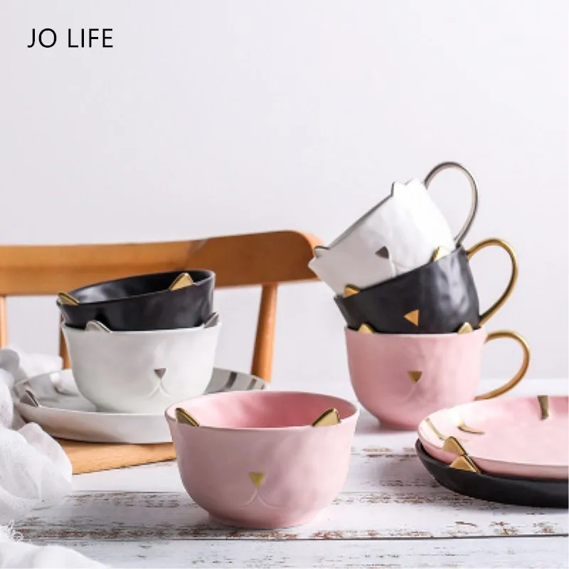 

JO LIFE Hand-Painted Kitten Cat Gold/Silver Inlay Salad Bowl Ceramic Breakfast Plate Snack Dish Coffee Mugs Matte Tableware