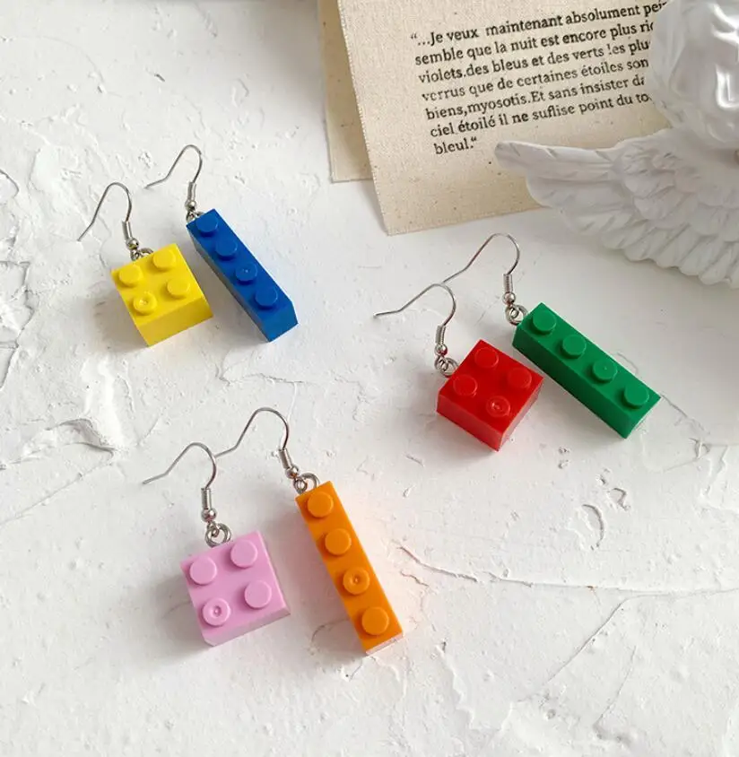 

Funny Candy Color Building Blocks Dangle Drop Earrings Cute Colorful Geometric Asymmetric for Woman Girl Children Jewelry Gift