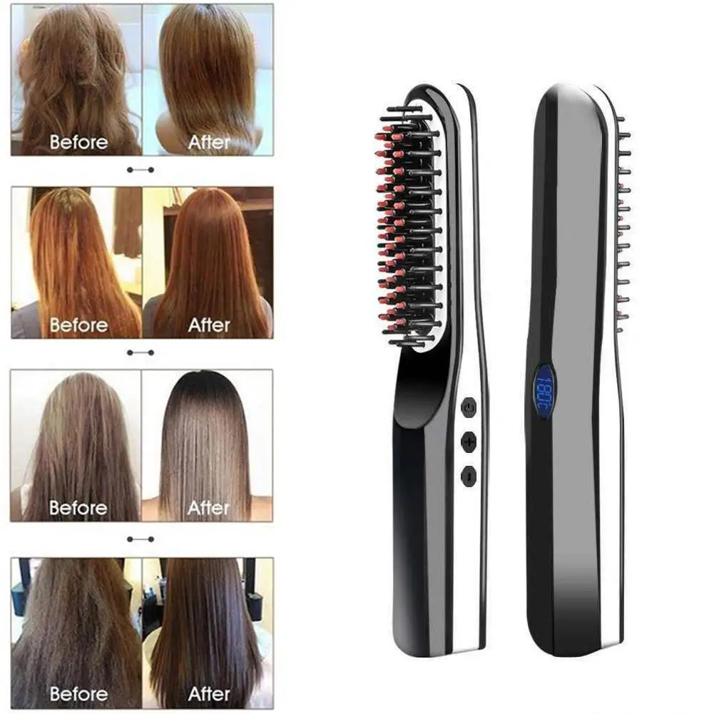 USB Portable Mini Electric Straight Hair Comb Fast Heated LED Indicator Travel Anion Straight Straightener Beard Combs Brush