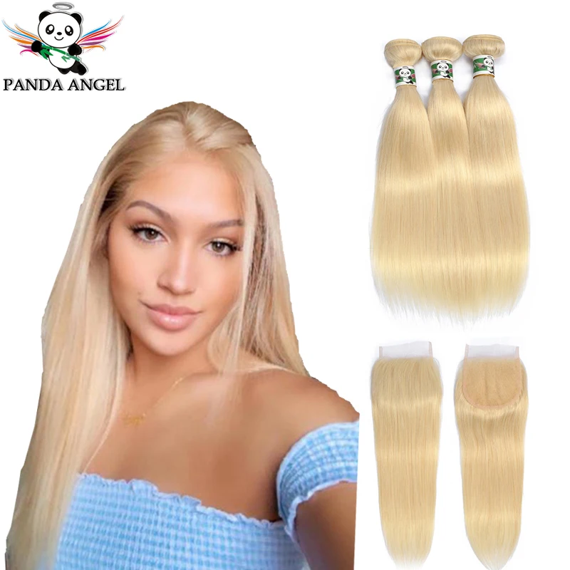 Panda 613 Blonde Bundles With Closure Remy Brazilian Hair Weave Bundles Body Wave 613 Blonde 3 Bundles With Lace Frontal Closure