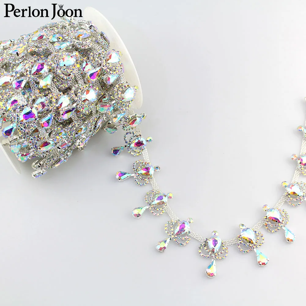 Neue AB Kristall Wassertropfen Strass-Borte Funkelnde AB-Farbe Glas Brautkleid Kopfschmuck Dekoration Kette ML118 – Detail 21