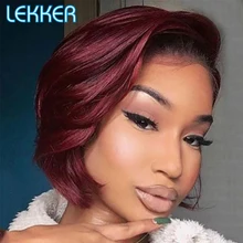 

Lekker Short Straight Bob T Part Lace Front Human Hair Wig For Women Natural Pre Pluck Brazilian Remy Glueless Burgundy Red Wigs