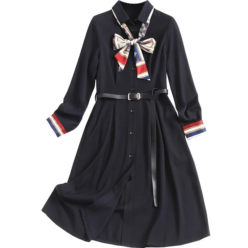 

2020 Spring Summer Runway Woman Shirt Dress Single Breasted Lace up with Scarf Knee Length Dress Elegant Vestidos