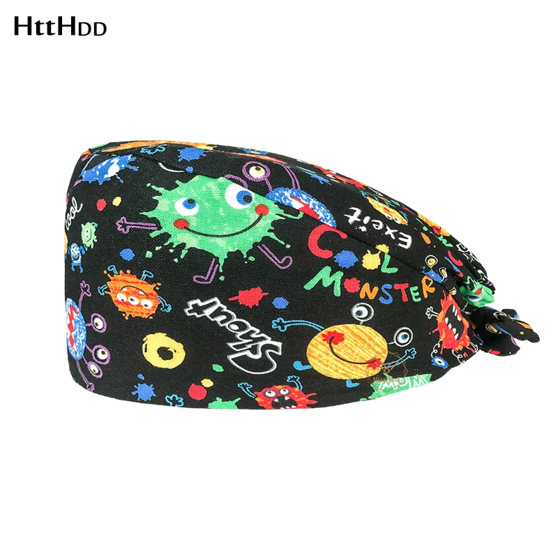 

htthdd Unisex new fashion Cartoon print hat adjustable Scrub caps beauty salon nursing cap laboratory pet shop fashion scrub hat