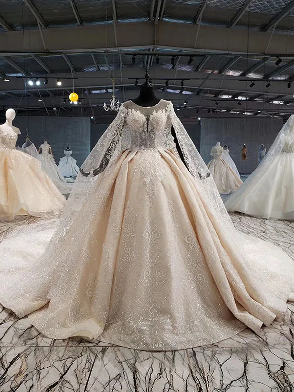 as picture HTL1079 Элегантное свадебное платье с накидкой, круглый вырез, короткий рукав, бальное платье, Аппликация из бисера, платье невесты, длинный шлейф, халат de marie - Цвет: as picture