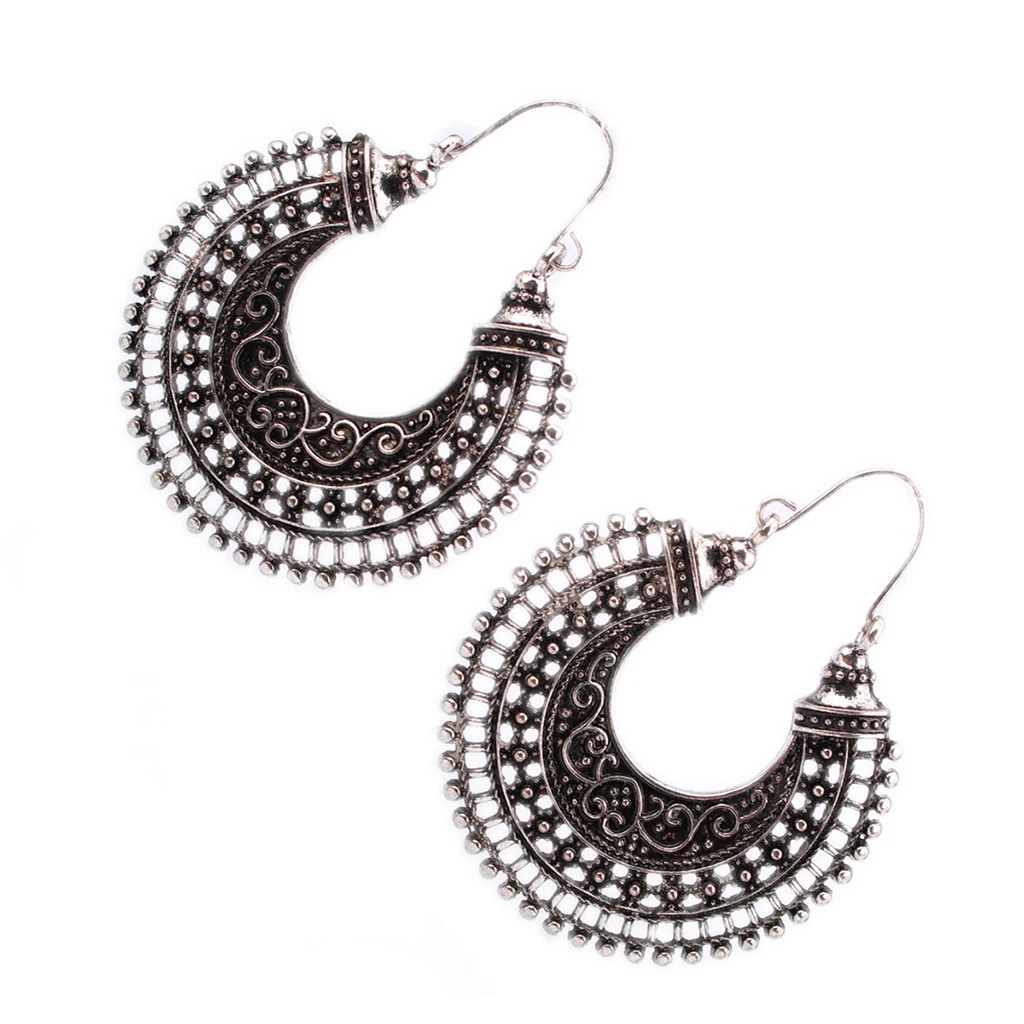 Vintage Style Gorgeous Boho Silver Hoop Dangle Earrings Tribal Jewelry