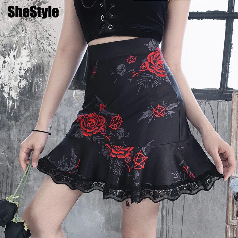 Shestyle Rose Flower Printed Gothic Skirt Women Lace High Waist Flare Pleated Black Punk Clothes Halloween Skirts Spring 2020 | Женская