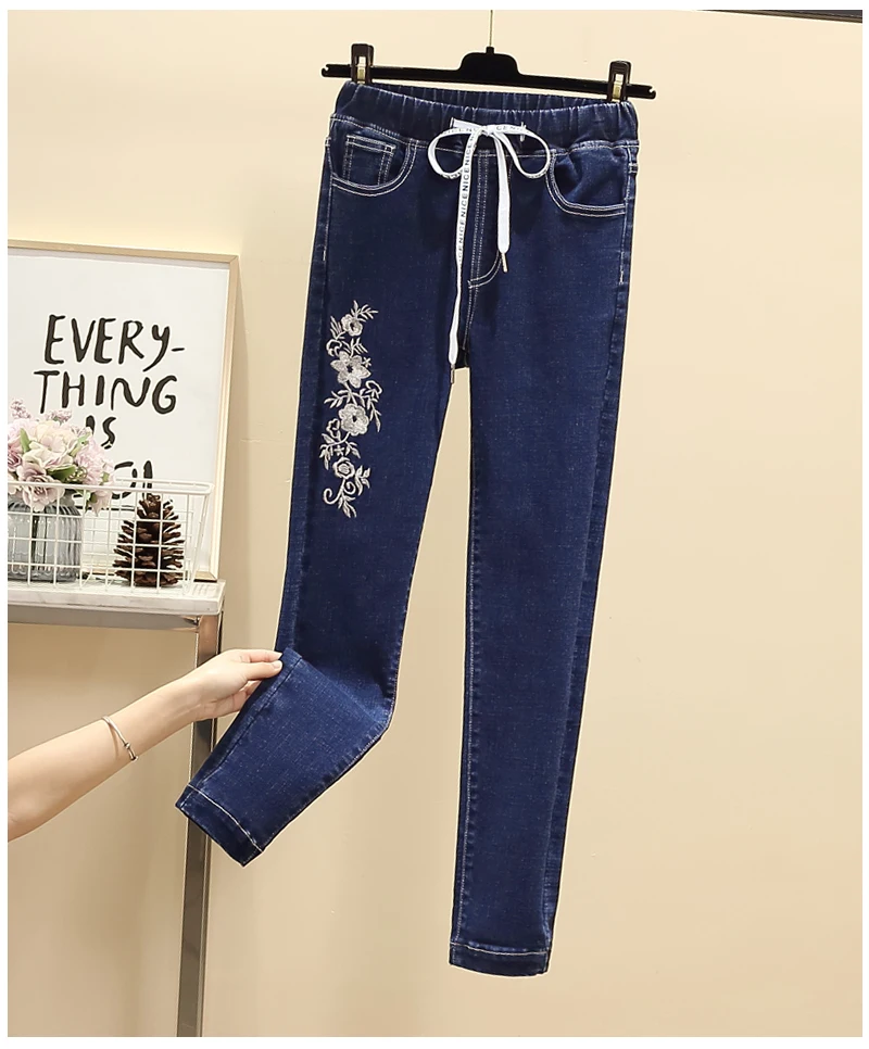jeans women plus size  stretchy  Embroidered jeans super elastic waist band skinny tights pencil feet jeans