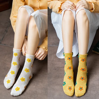 

Stockings Women Girls Cotton Socks Soft Comfortable Breathable Vintage Japan Style Flower Pattern Print White Black Yellow Green