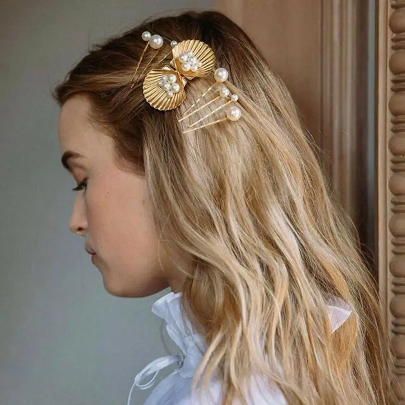 Marine Style Women Metallic Gold Duckbill Hair Clip Faux Pearl Rhinestone Starfish Shell Hairpin Beach Holiday Wedding Barrette