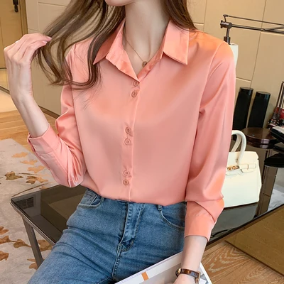 Women's Silk Shirts V-neck Solid Laides Tops Womens 2021 Fall Fashion Satin Long Sleeve Blouses Button Up White OL Vintage Top Shrimp Pink