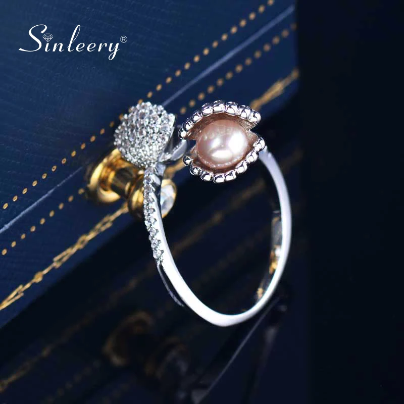SINLEERY Dazzling Shell Adjustable Rings Silver Color Champagne Pearl Full Crystal Wedding For Women Jewelry JZ667 SSG | Украшения и