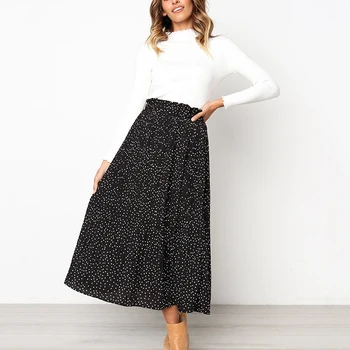 

Elegant Women High Waist Pleated Skirt Autumn Polka Dots Elastic Maxi Skirt Casual Harajuku A-line Long Skirts