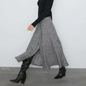 

Check Tweed England Vintage Women Skirt High Waist A-line Midi Skirts Female Houndstooth Faldas Mujer Moda 2020 Ladies Skirts