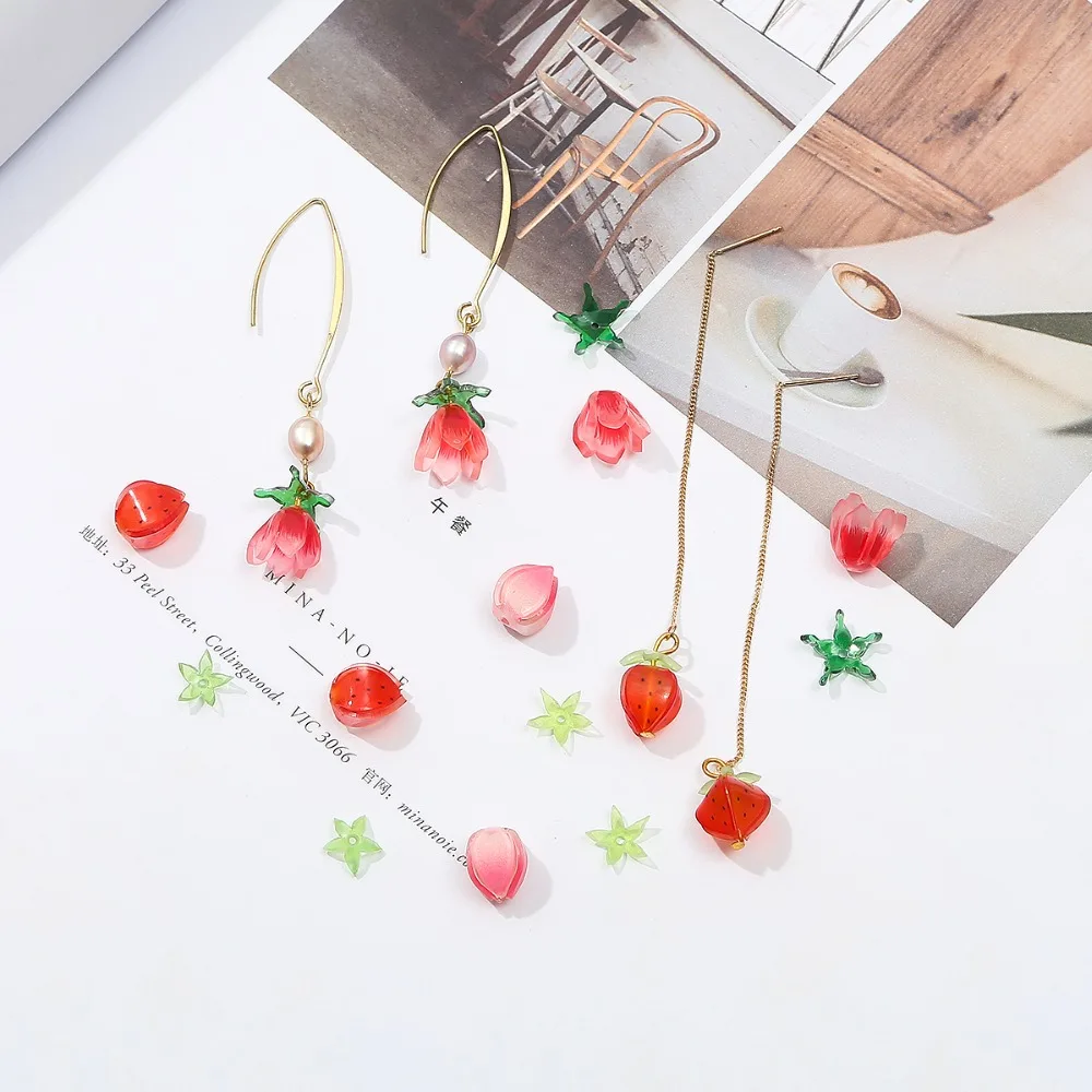 1 satz/los Rosa Rote Erdbeere/Blumen Blätter Knospe Perlen Acryl Charms Perlen für DIY Schmuck Machen Ohrring Halskette Zubehör – Detail 4