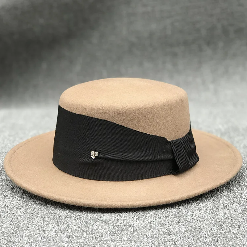 01909-yuan Зимняя шерстяная Женская Шляпа Fedora на плоской подошве с бантом женская шляпа для отдыха Панама