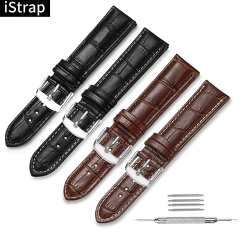 

iStrap Watchbands 12mm to 24mm Watch Strap Brown Black Genuine Leather Silver Pin Buckle Alligator Grain for Tissot Seiko
