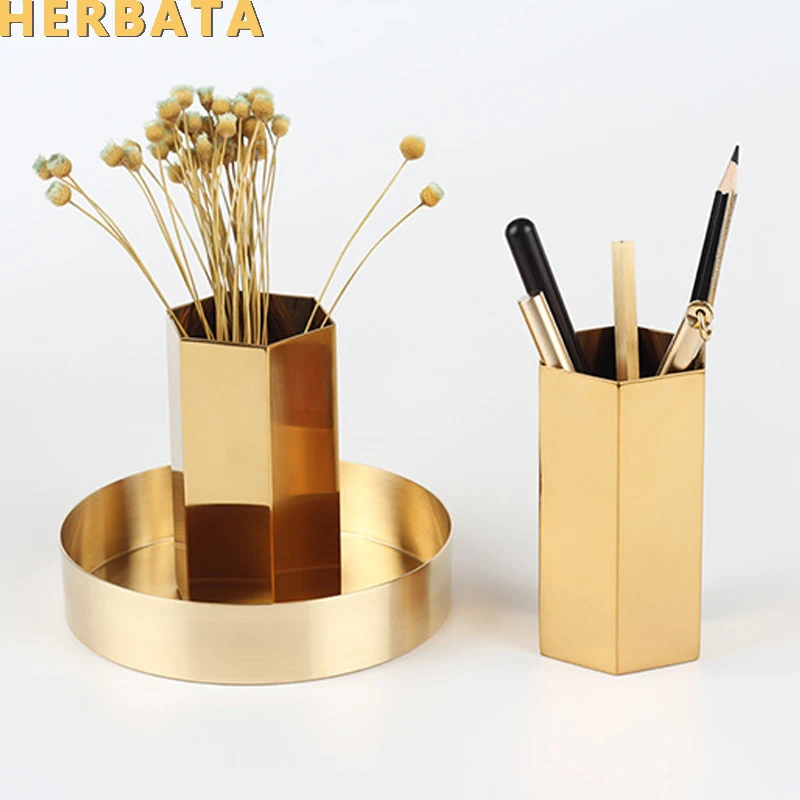 Pen Pencil Holder Gold Hexagonal Multifunction Desk Organizer Container Stainless Steel Desktop Storage for Home Office CL-2565