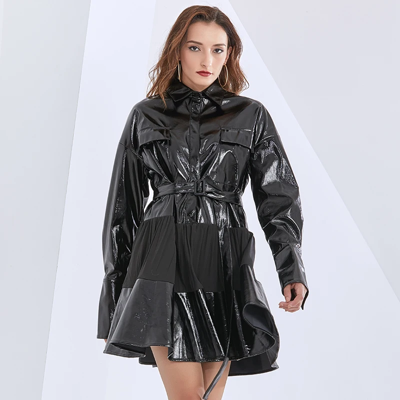 TWOTWINSTYLE Patchwork Pu Dress For Women Lapel