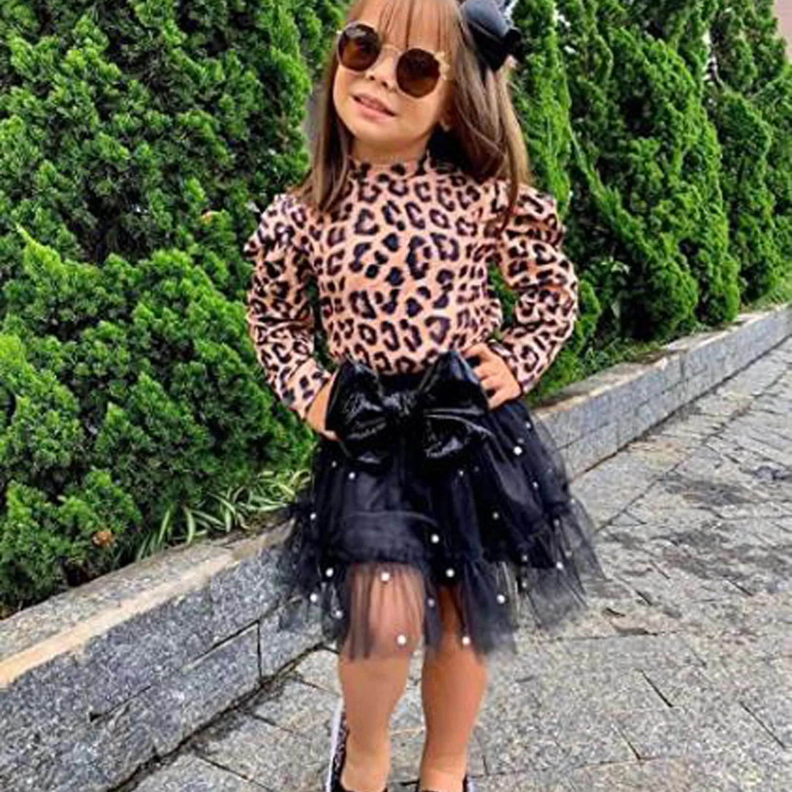 

1-6Years Autumn Winter Two-piece skirt Toddler Kids Baby Girl Leopard Print T shirt Bow Tulle Skirt Outfits Set vetement noel M4