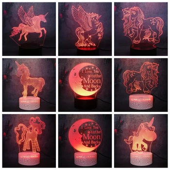 

Luminous Cartoon Gift Lamp Cute Unicorn Pony Moon Girl Bedroom Art Decor 3D 7 Color Illusion Night Light LED Kawaii Doll Flash