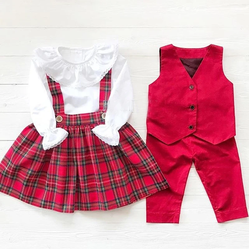 2Pcs Christmas Outfit Toddler Baby Girl Clothes Ruffle Long Sleeve Top+ Plaid Strap Skirt Free Shipping