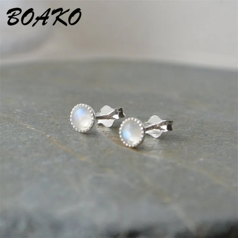 BOAKO, натуральный камень, лунный камень, серьги-гвоздики для женщин, женские винтажные Двойные серьги, круглые серьги, корейское ювелирное изделие, серьги