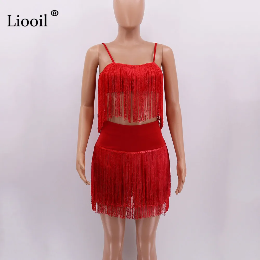 Liooil Белый Красный кисточкой 2 шт набор Bodycon мини платье женское сексуальное Клубная одежда без рукавов с открытой спиной спагетти ночной клуб короткое платье